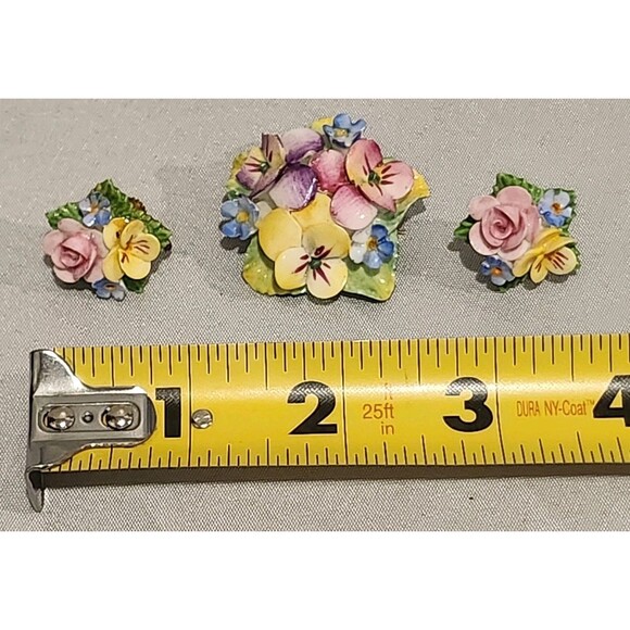 Artone Vintage Floral Brooch and Matching Screw Back  Vintage Artone Bone China Flower Brooch & Screwback Earrings Set Made In England